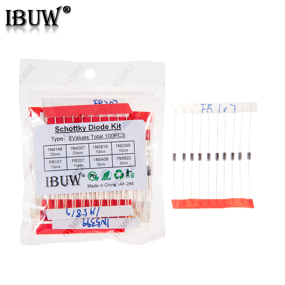 100 Chiếc 8Values Schottky Diode Kit 1N4148 1N4007 1N5819 1N5399 FR107 FR207 1N5408 1N5822 Cho Dự Án