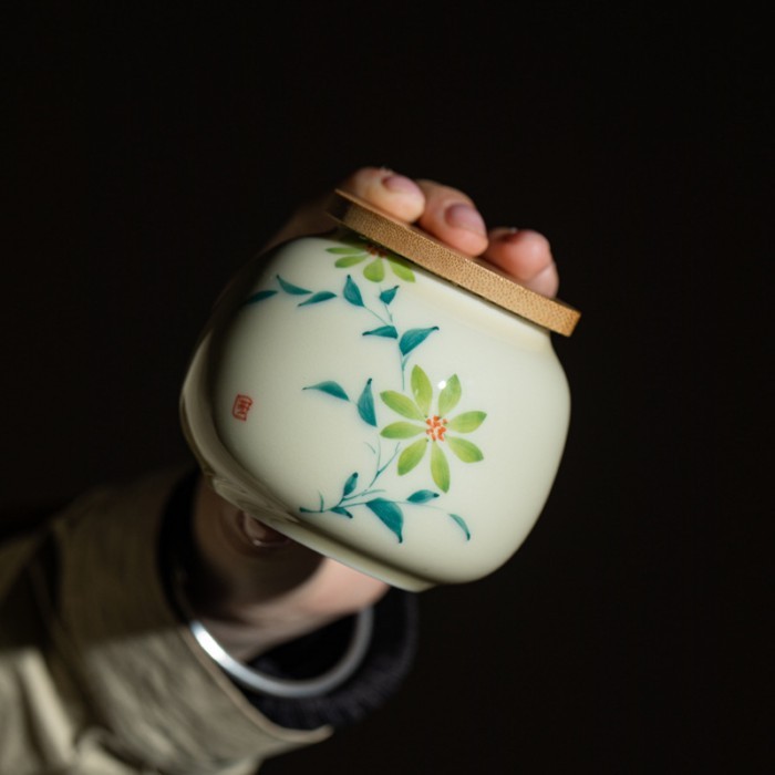 [Bộ trà] Mud Man Mô tả Honey Glaze Trà vẽ tay Caddy Underglaze Màu sen Đào Hoa Lan Wisteria Tulip Nh