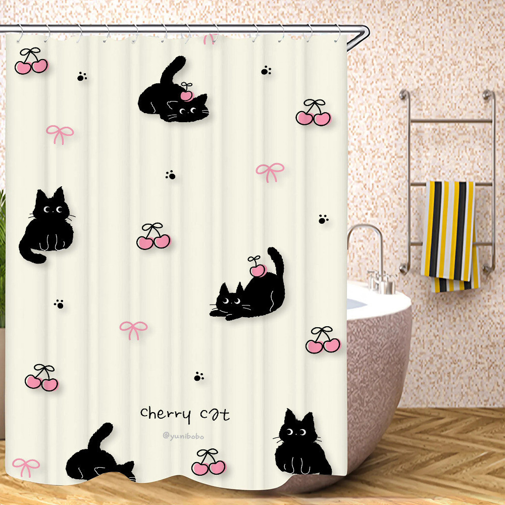 Nhật Bản Đen Hồng Dễ Thương Mèo Anh Đào Màn Tắm Cho Quarto Rèm Trong Phòng Tắm Phụ Kiện Tắm Gấp Paro