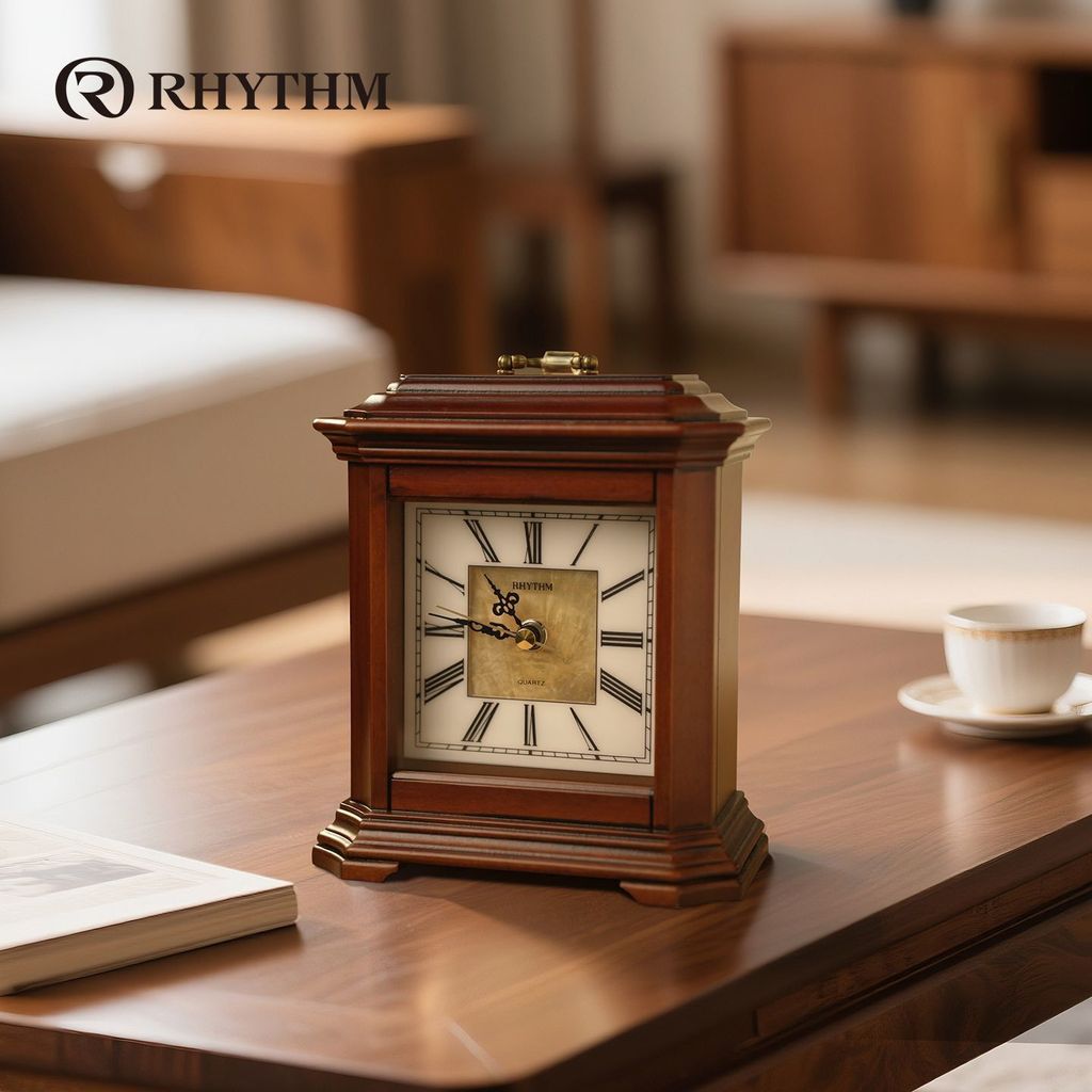 Đồng để bàn RHYTHM Silent Grand Clock châu Âu, mẫu mới 2025, đồng hồ gỗ nguyên khối phòng khách, pho