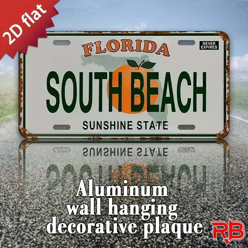 Biển số kim loại theo chủ đề Florida - South Beach Sunshine State Design with Tree & Florida Map Out