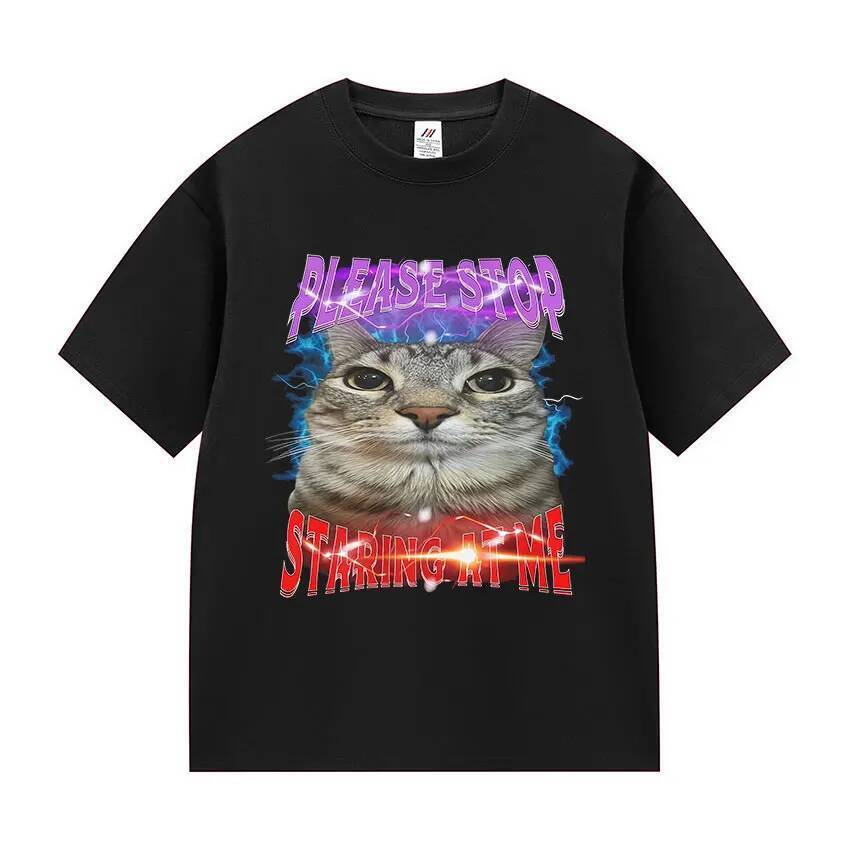 Ao Thun Oversized Kawaii Hình Mèo Meme Cho Nam và Nữ, Bông Cotton Tay Ngắn