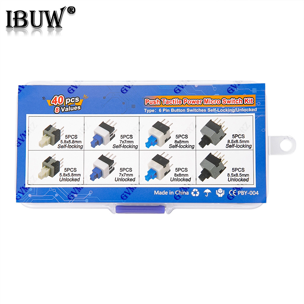 40 Chiếc 8Values Đẩy Xúc Giác Micro Switch Kit 6Pin Tự Khóa / Mở Khóa Cho Điện Tử Dự Án DIY