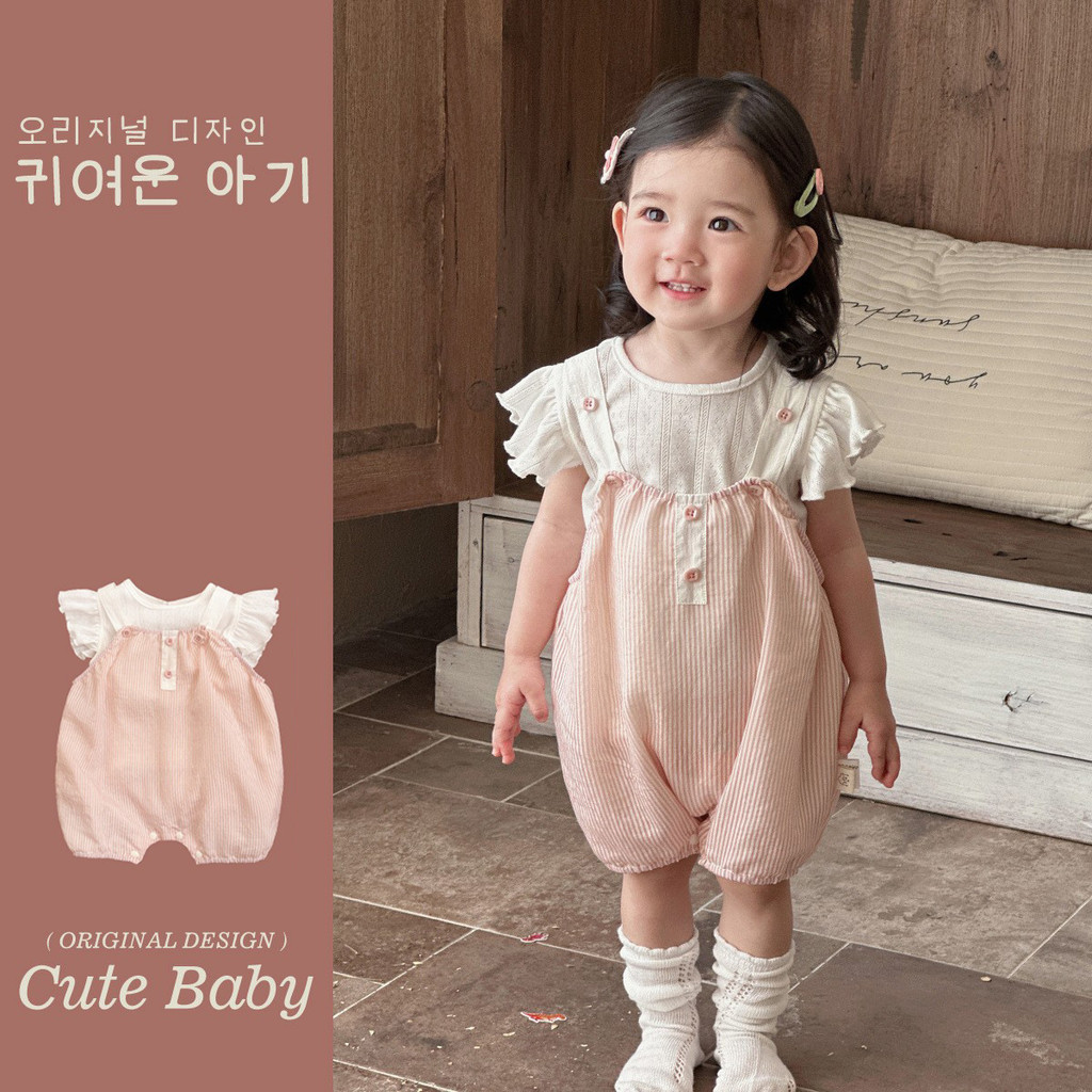 2025 Ngọt Ngào Quần Áo Trẻ Em Đi Chơi Quần Áo ins Bộ Đồ Cho Bé Mùa Hè Áo Thun Tay Ngắn Sọc Quần Áo Liền Quần Hai Mảnh