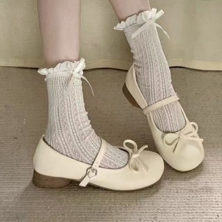 Nữ Thu Đông Pháp Trắng Mũi Tròn Retro Mary Jane Giày Váy Tăng Miệng Dẹt Gót Dày