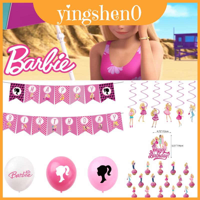 Bộ đồ dùng dự tiệc sinh nhật màu tím theo chủ đề búp bê đáng yêu Barbie có cờ hoạt hình, bóng bay ca