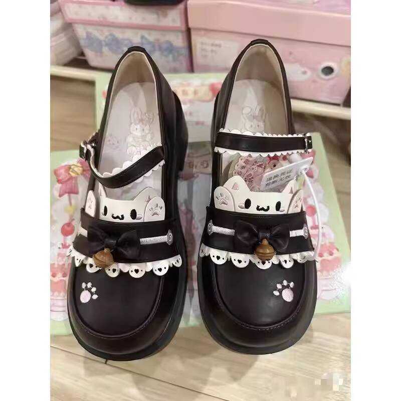 Giày Lo Caramel Vải Ding lolita Ban Đầu May Mắn Mèo Con Giữa Gót jk Đồng Nhất Giày Nữ lolita Giày Da