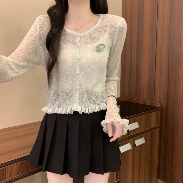 Áo len dệt kim hoa ba chiều tai gỗ nếp mềm mại cho nữ mùa xuân hè mới áo thun mỏng điều hòa dài