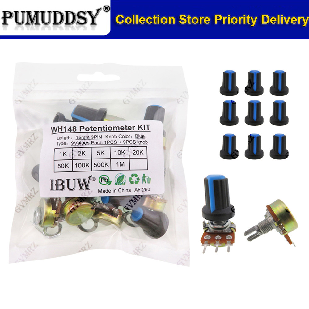 18 CÁI (9Values + 9Knobs) WH148 Bộ áp suất (1K-1MΩ 15mm 3PIN) có núm màu xanh cho thiết bị âm thanh 