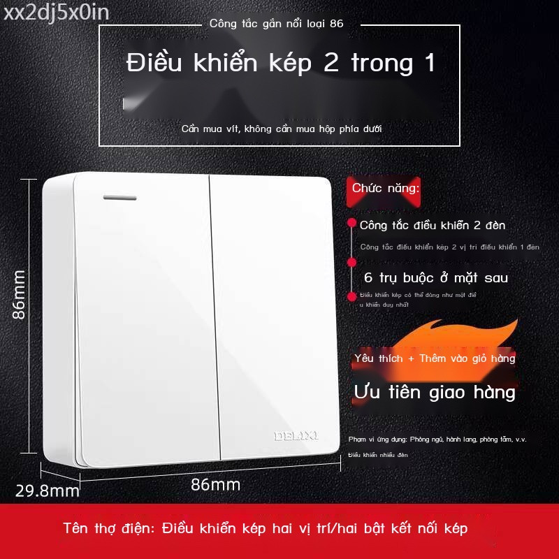 (HÀNG HOT) Công tắc ổ cắm Delixi chính hãng, loại 86, siêu mỏng, lắp nổi, điều khiển kép, đấu dây n