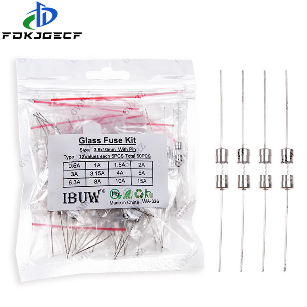 Chiếc 3.6x10mm 12Values 60 Cầu chì thủy tinh có pin Bộ dự án bảo vệ mạch điện tử ynb8