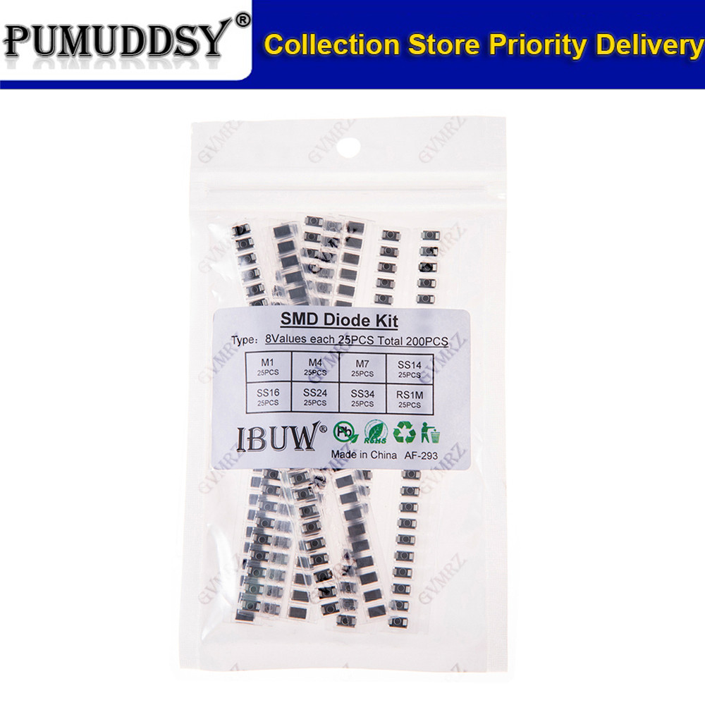 200 CÁI 8Values SMD Diode Kit M1 M4 M7 SS14 SS16 SS24 SS34 RS1M cho các dự án chỉnh lưu điện tử