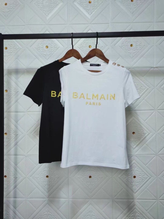 Balmain Xuân Hè Mới Balmain Paris Tay Ngắn Nút Vai Dập Nóng Chữ Cổ Tròn Rời Áo Thun
