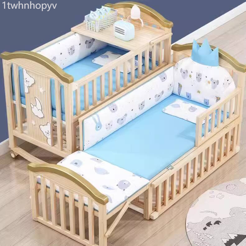 [SALE SỐC]  Giường Bevita bằng gỗ nguyên khối không sơn, nôi em BB đa chức năng, giường lớn di động