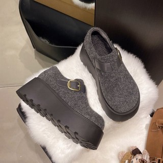 Giày lười Birkenstock nhung đế dày màu xám, quần ống rộng ấm áp nâng cao, giày cotton nhung cho nữ