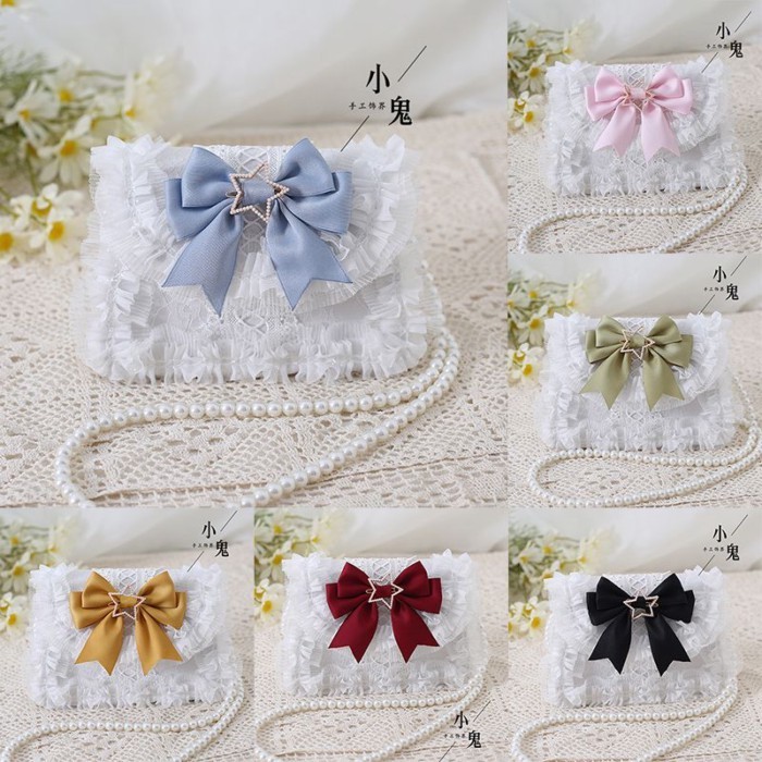 Chính hãng lolita Mori Girl lolita Bow Túi xách thanh lịch Dây chuyền ngọc trai Dây chuyền ren Túi M