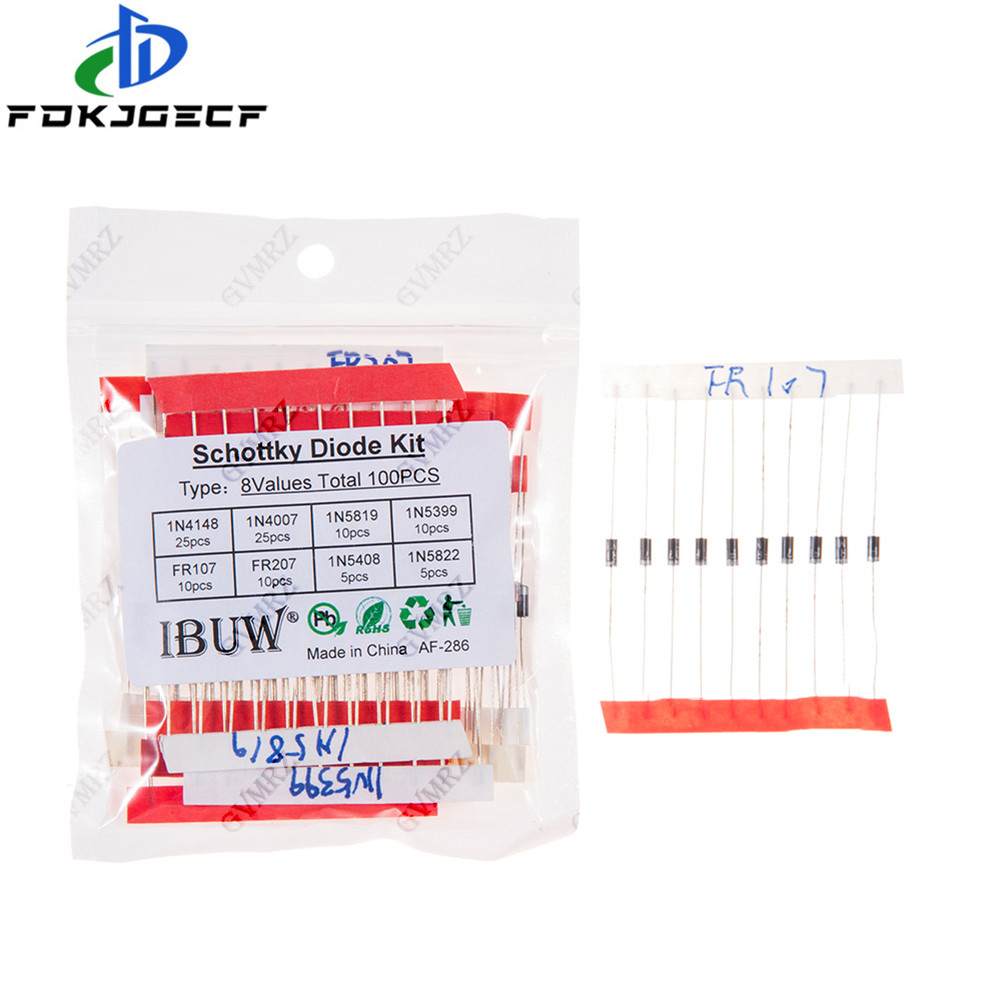 100 Chiếc 8Values Schottky Diode Kit 1N4148 1N4007 1N5819 1N5399 FR107 FR207 1N5408 1N5822 Cho Dự Án