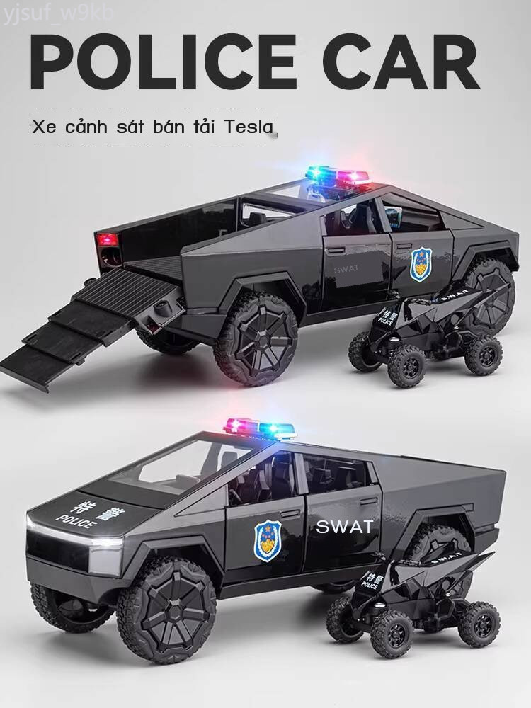 [Đa Năng] Đồ cảnh sát Tesla Pickup hợp kim lớn cho bé trai, mô địa hình công an 110, đồ chơi xe nhỏ