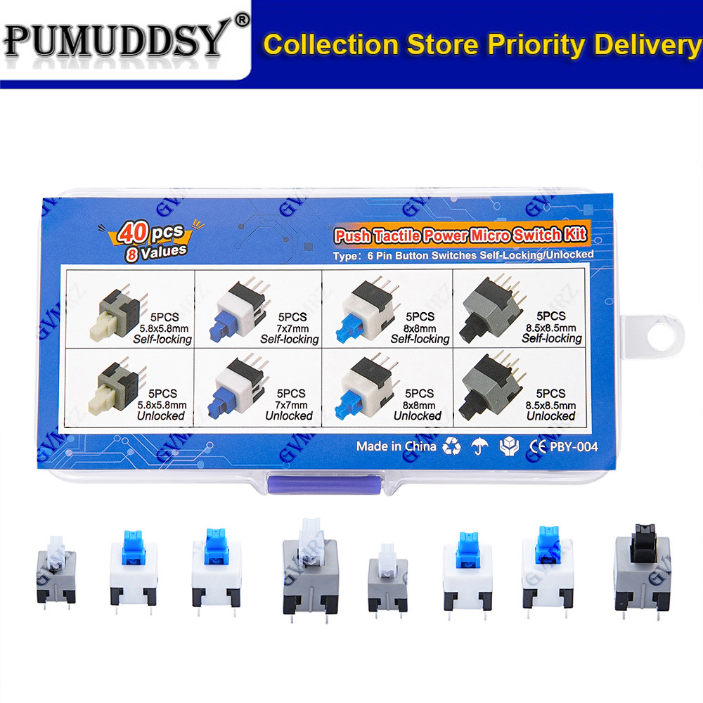 40 Chiếc 8Values Đẩy Xúc Giác Micro Switch Kit 6Pin Tự Khóa / Mở Khóa Cho Điện Tử Dự Án DIY