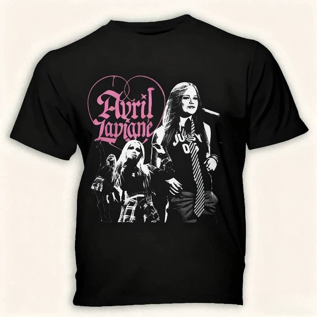 Áo thun họa tiết Avril Lavigne, phù hợp người hâm mộ pop punk với thiết kế trái tim cổ điển và in hì