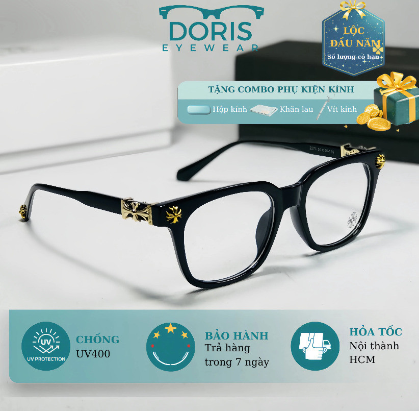 Gọng Kính Cận Vuông CH 2273 DORIS - Mắt Kính Thời Trang Họa Tiết Kim Loại Dành Cho Nam Nữ COD