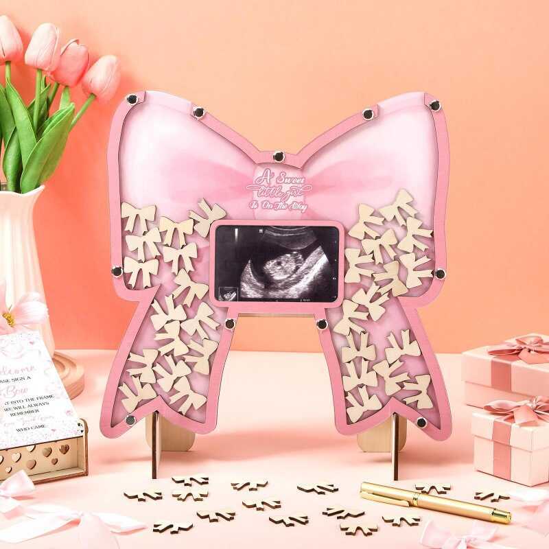 Pink Bow Baby Message Book Khách mời Tin nhắn sinh nhật đầu tiên Hộp đầu tư bằng gỗ Acrylic