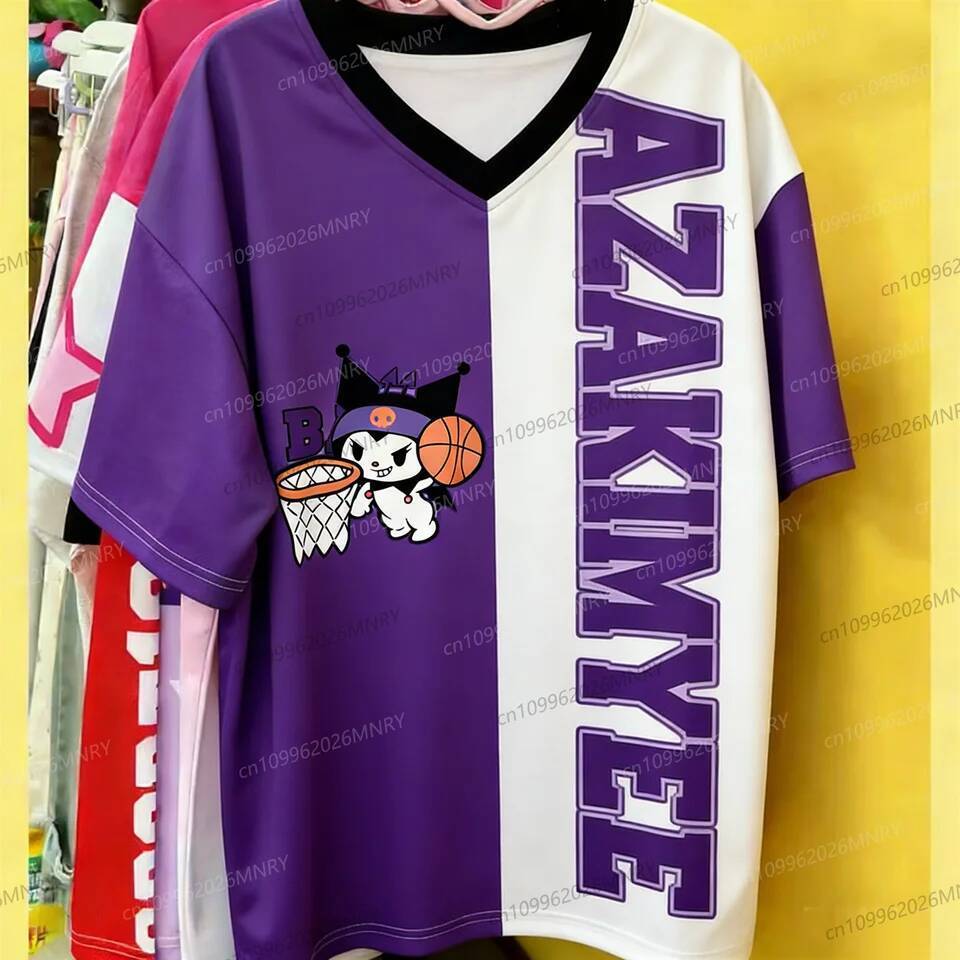 Sanrio Kulomi Jersey Hoạt Hình Jersey Nam Nữ Jersey Cổ Chữ V Rời Nhẹ Thoáng Khí Dạo Phố Đi Biển Áo
