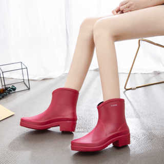 Giày Đi Mưa Nữ Thời Trang Ống Ngắn Bên Ngoài Mặc Cao Gót Chống Trơn Trượt Giày Cao Su Rửa Xe Nước Giày Chống Thấm Nước Giày Che Giày Dày-So