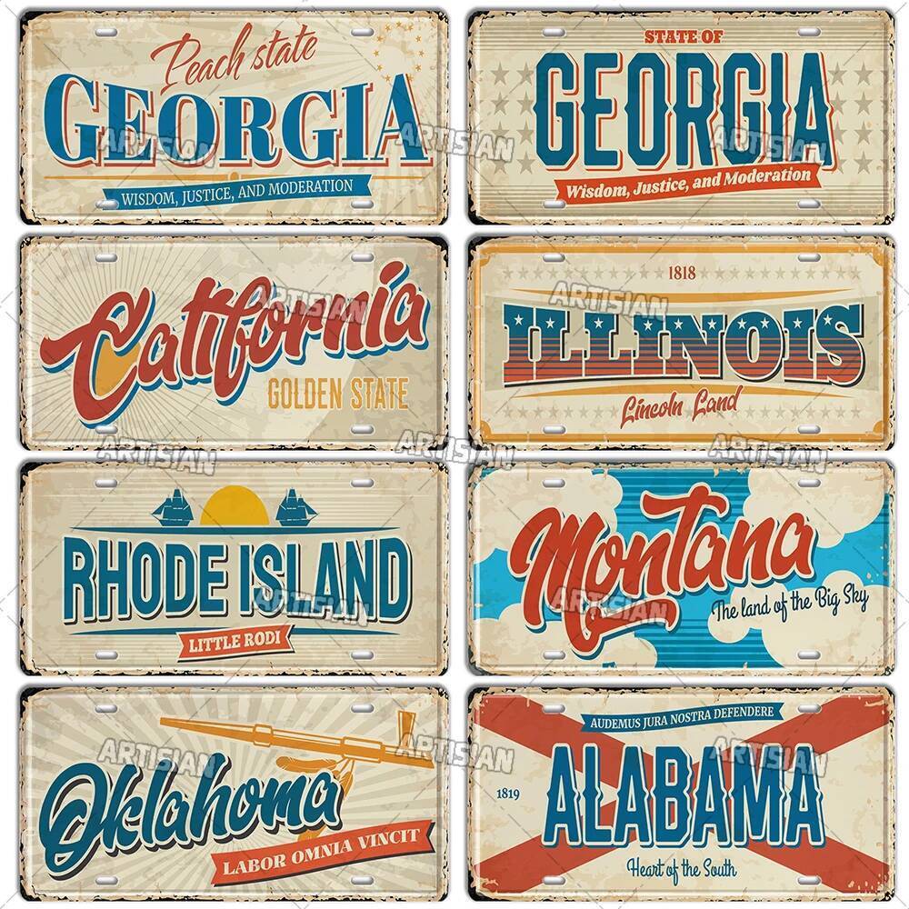 Artisian USA Car Plate Landmark Tin Sign US City State Metal Plating Wall Decor Garage Bar Pub Club 