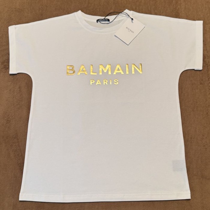 Balmain Áo Thun Nữ Cổ Tròn Tay Ngắn, Logo Nổi Bật