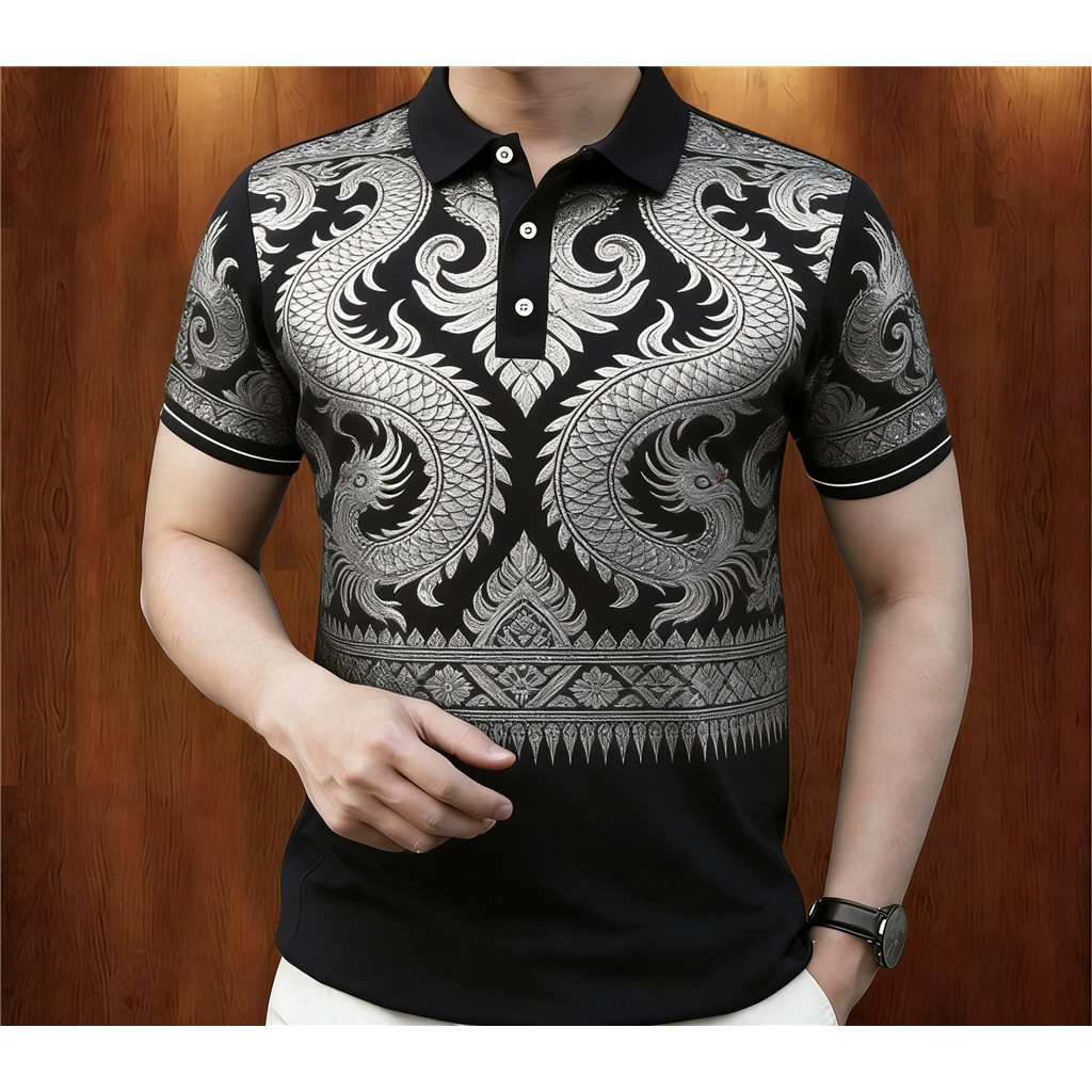Thiết kế lấy cảm hứng từ Polo Barong sành điệu dành cho nam - In hình học ASEAN, Polyester chống ẩm,