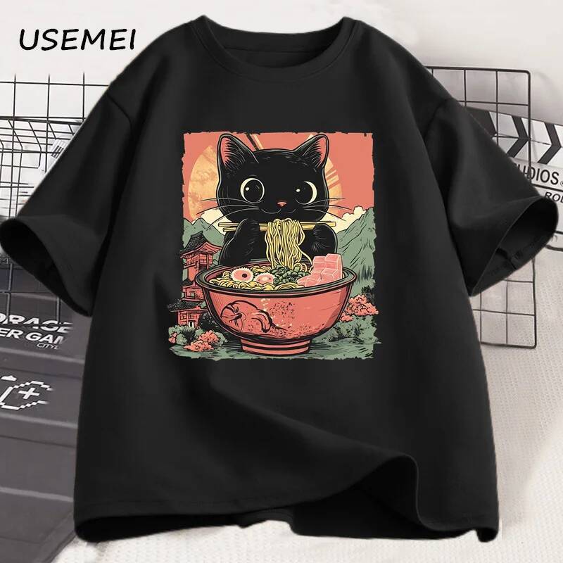 Dễ Thương Mèo Đen Ăn Ramen Áo nam Nữ Đáng Yêu Đồ Họa Tee Áo Sơ Mi Foodie Và Mèo Người Yêu Áo Thun Độ