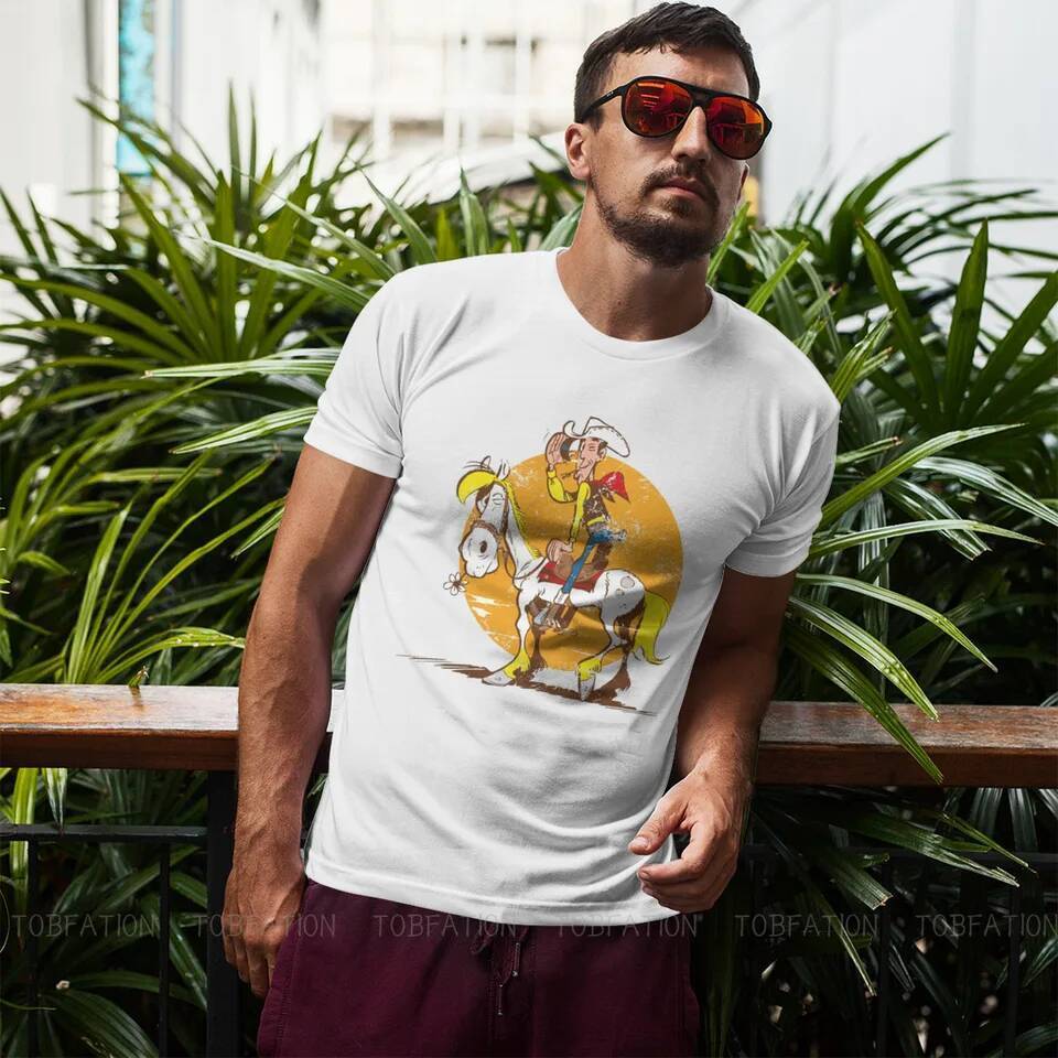 Lucky Luke Hoạt Hình Sunrise Áo Thun Cotton Phong Cách GothicVintage, Cổ Tròn, Mùa Hè