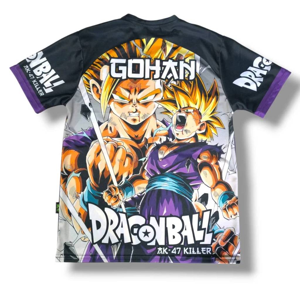 Áo jersey Gohan Dragon Ball cho nam, cổ tròn với họa tiết siêu Saiyan Gohan và Goten, màu đen và tím