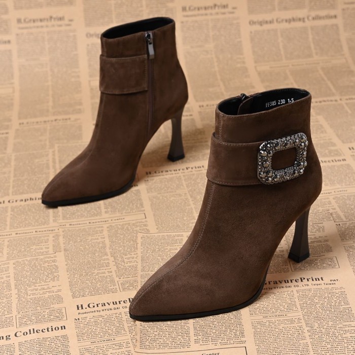 Kim Cương Giả Khóa Vuông Mờ Giày Boot Cổ Ngắn Nữ Mũi Nhọn Nhọn Gót Dây Kéo Bên Hông Đơn Giày Bốt Th