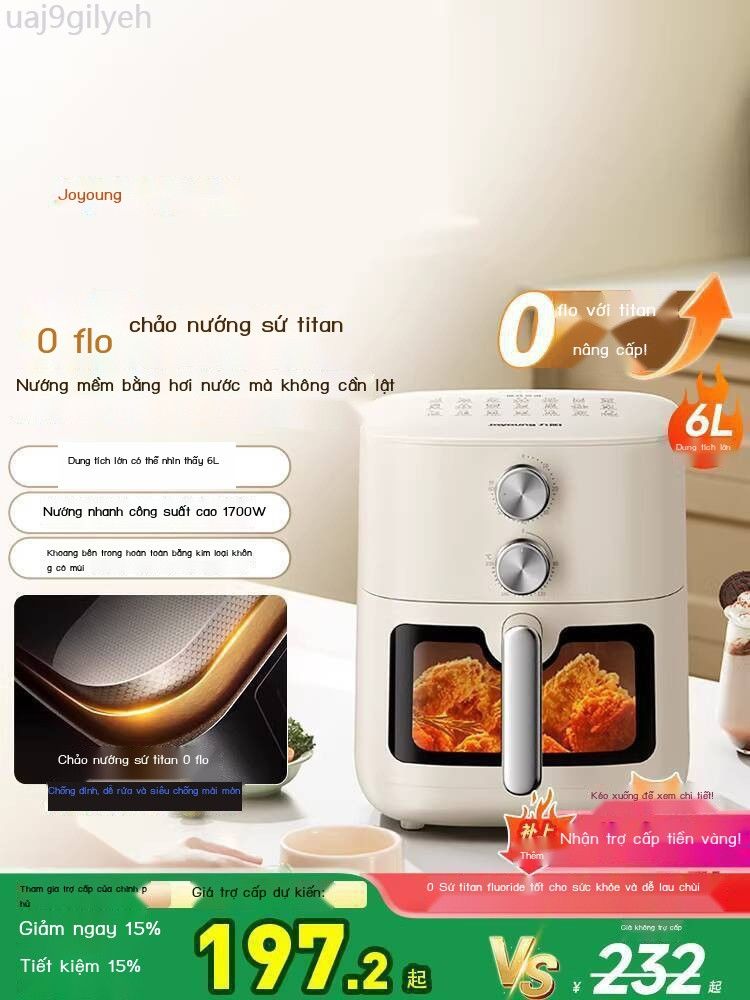 [HOT 2026] Nồi chiên không dầu Joyoung 0 Fluorine Titanium Ceramic No-Turn 6L dung tích lớn, hấp, n