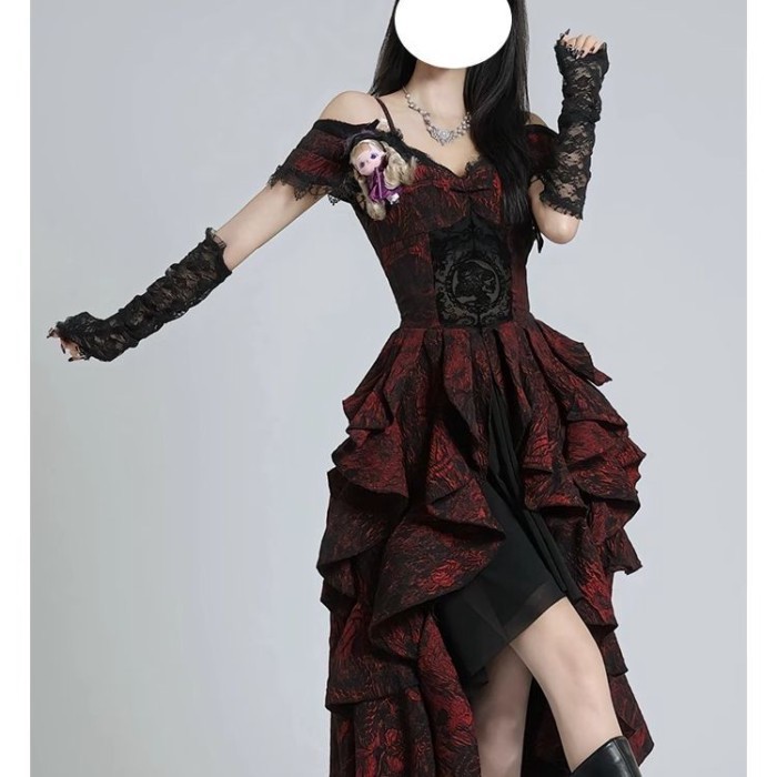 F Gothic lolita Đen Đỏ Jacquard Sóng Đầm lolita Công Nghiệp Nặng Nhẹ Sang Trọng Một Vai Lông Tơ Đầm 