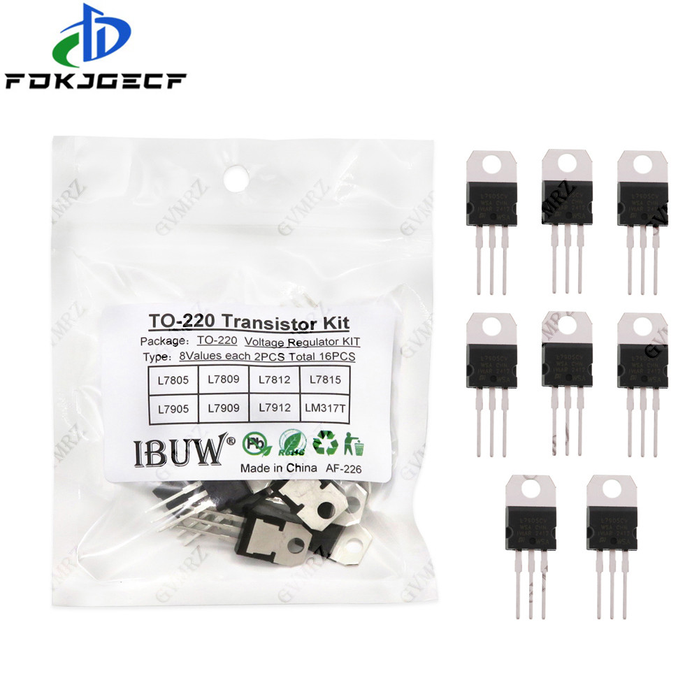 16 Bộ Transistor 8Values TO-220 (L7805 / L7812 / LM317T, v.v.) Bộ điều chỉnh điện áp cho dự án DIY c