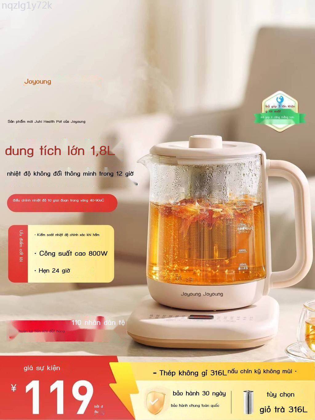 [Siêu Hot]  Ấm đun nước pha Joyoung Health, tích hợp nấu và đun, kính dày, mẫu mới 2025, ấm trà hoa