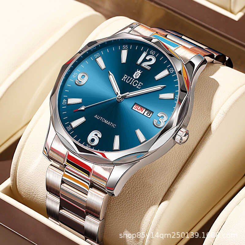 R RUIGE RUIGE Đồng hồ cơ tự động dành cho nam bằng thép không gỉ Lịch kép Đồng hồ đeo tay phát sáng chống nước cho nam