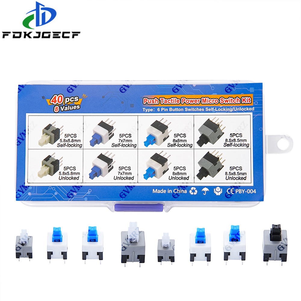 40 Chiếc 8Values Đẩy Xúc Giác Micro Switch Kit 6Pin Tự Khóa / Mở Khóa Cho Điện Tử Dự Án DIY