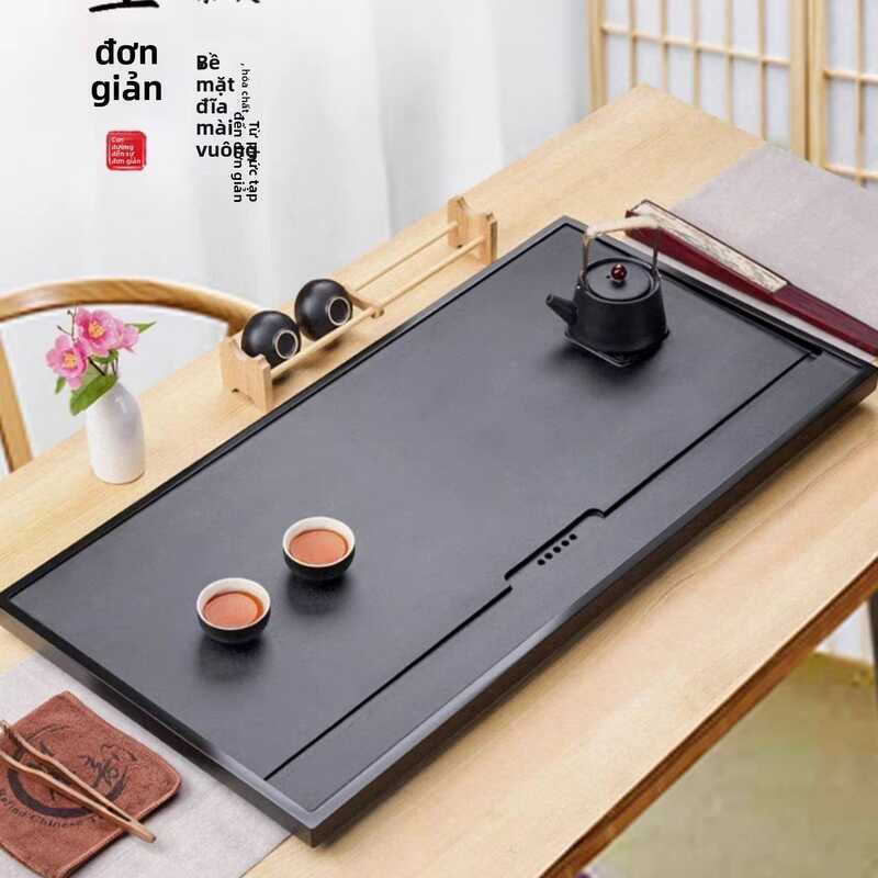 Khay trà đá đen có chạm khắc, khay trà gia dụng, bộ trà đĩa đá, khay trà, bộ trà Kung Fu.