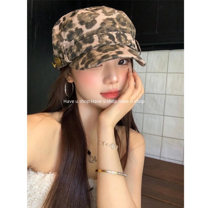 Have u shop American Leopard Print Flat Top Cap Nữ Retro Hot Girl Phong Cách Đường Phố Thời Trang Ph