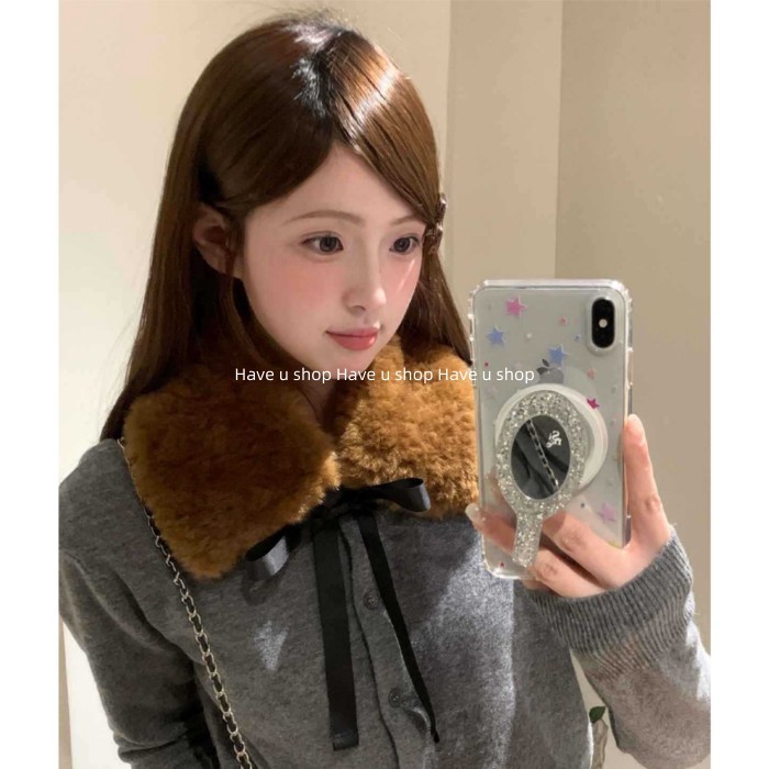 Have u shop Otaku Cùng Phong Cách Màu Nâu Sang Trọng Ren Cổ Lông Thú Khăn Cho Nữ Mùa Đông Giảm Tuổi 