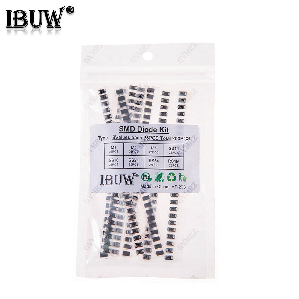 200 CÁI 8Values SMD Diode Kit M1 M4 M7 SS14 SS16 SS24 SS34 RS1M cho các dự án chỉnh lưu điện tử