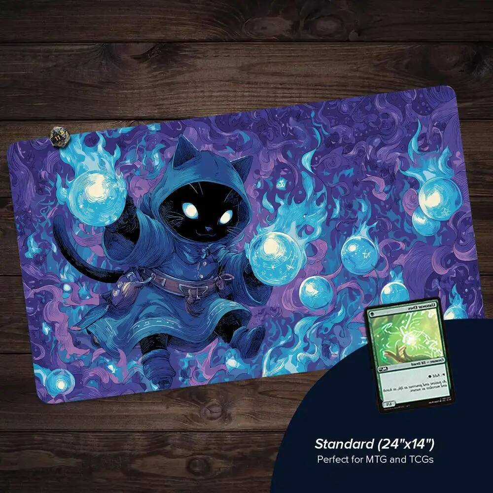Áo choàng xanh Mèo đen Thiết kế phù thủy MTG Playmat Magic Card Battle Mat Chống trượt Khâu cạnh tho