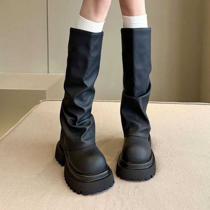 Phiên Bản Hàn Quốc Đế Dày Dày Xếp Ly Quần Boots Nữ Cọc Boots Toe But Knee-Length Boots K