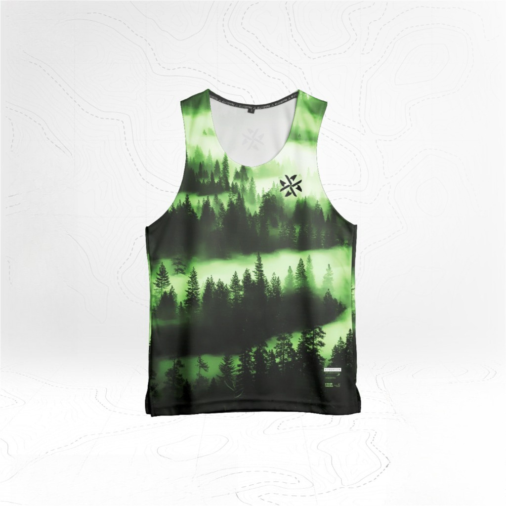HIJAU Forest Tree Motif Sports Running Singlet - Modern Cool Unisex Nam Nữ (Đen Xanh)