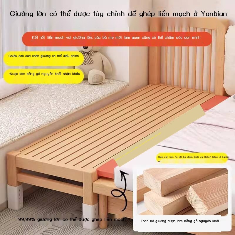 [Ảnh thật/Video] Giường trẻ ghép beech, cũi em bé, lớn ghép, gỗ nguyên khối, giường đơn, cạnh mở rộ