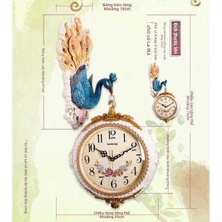 Đồng hai mặt kiểu châu Âu dành cho phòng khách, đồ nhà sáng tạo, trang trí hình con công cổ điển, đồng hồ treo tường